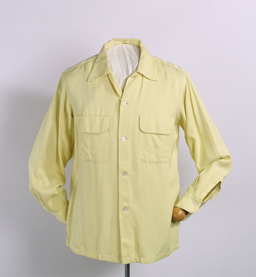 Vintage 50s Mens Rayon Gab Shirt Yellow VFG Small to Medium