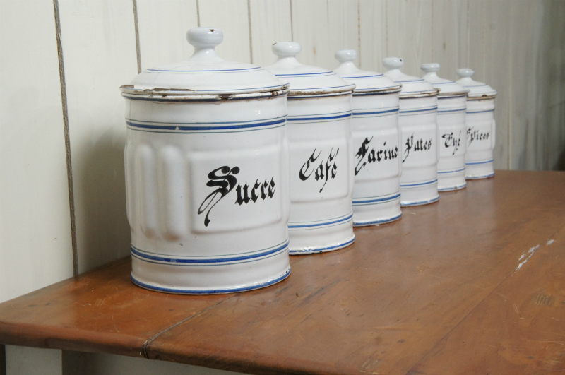 ♪フランスアンティーク キャニスター 琺瑯 6個セット ホワイト 金文字