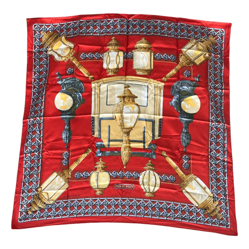エルメス HERMES カレ90 FEUX DE ROUTE レッド シルク ユニセックス