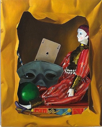 伊勢崎節子【赤い椿と萩焼】肉質画油彩画