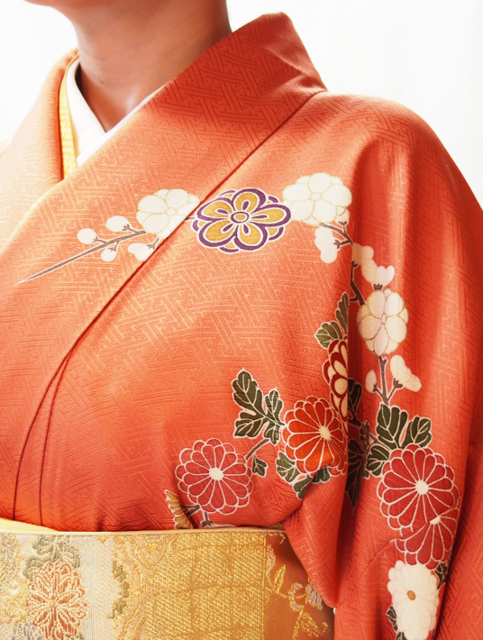 503正絹オレンジ花柄訪問着 - 呉服下村屋 レンタル着物アシスト