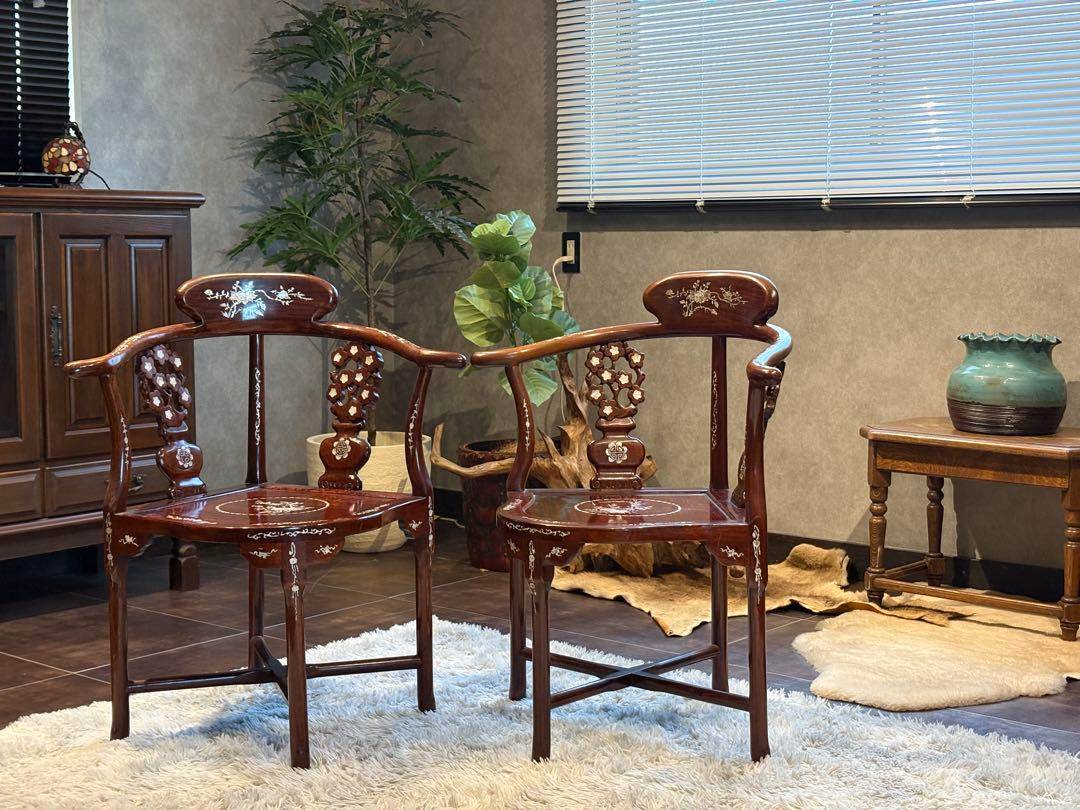 希少 サイドチェア 螺鈿細工 唐木家具 椅子 チェア アームチェア NZ