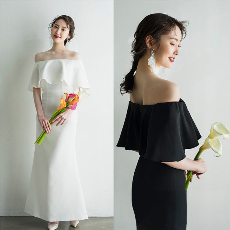 wd514ls】オフショルダーフリルドレス マーメイドライン 2カラー