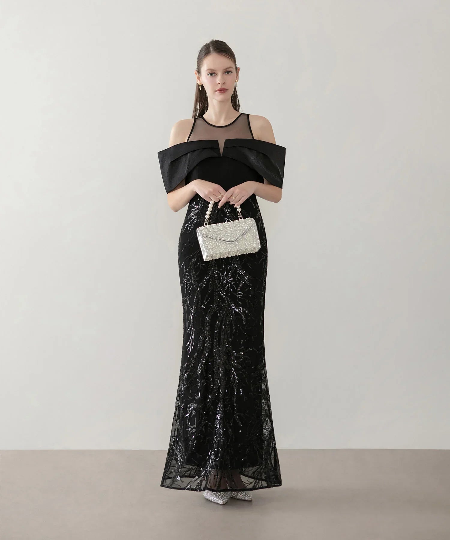 LEJA LUXE】シースルーオフショルダーデザインスパンコールマーメイド