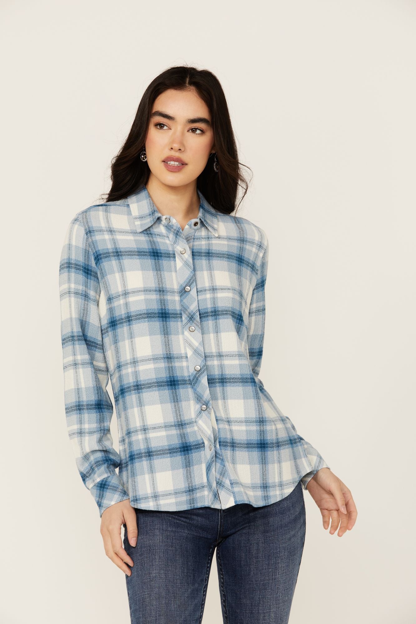 Viola Featherlight Blue Plaid Print Pearl Snap Western Shirt
