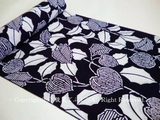 注染浴衣反物「濃紺地に白い鬼灯 ほおずき」 古典柄 おすすめ 紺白