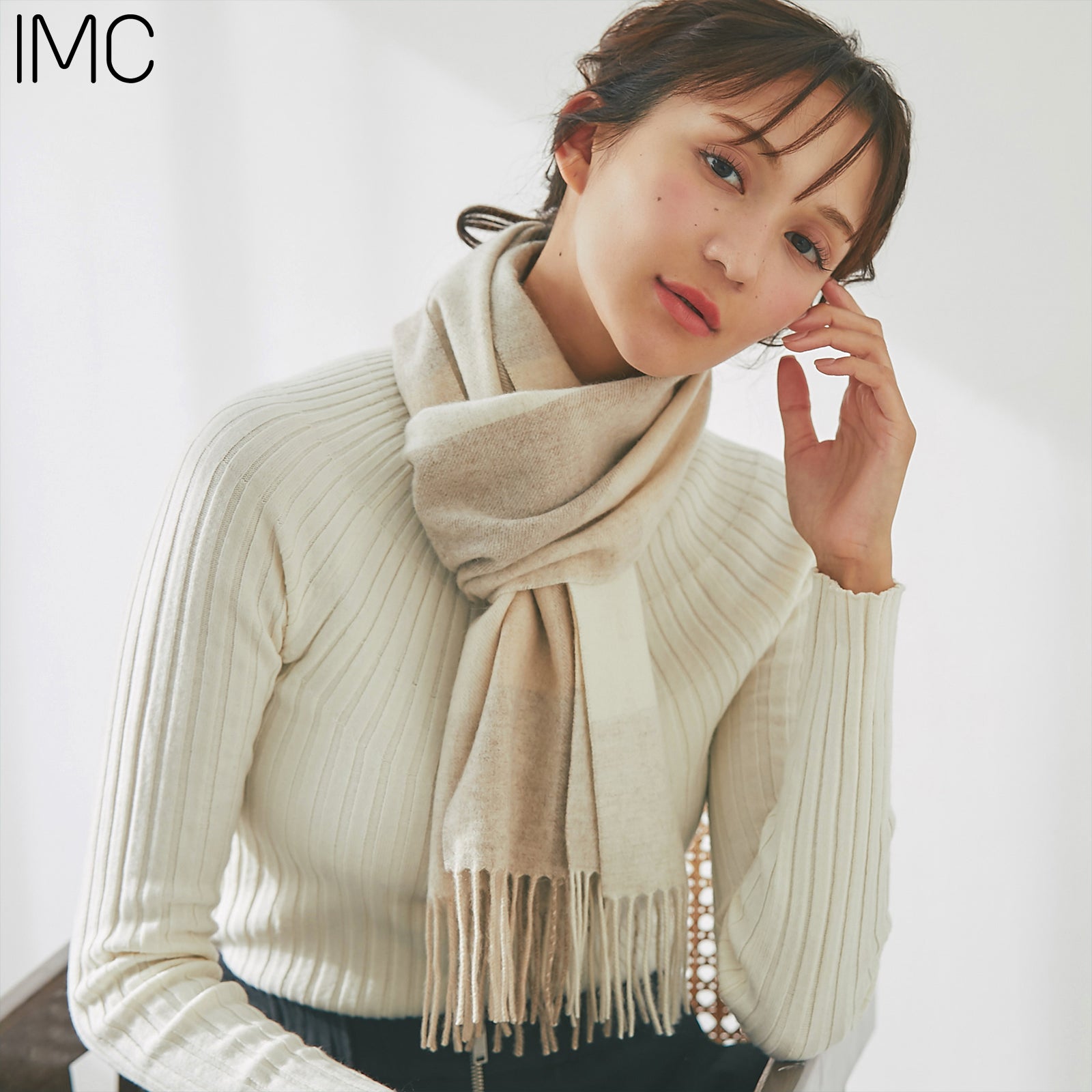 NEW】洗えるカシミヤ ブロックチェックマフラー ナチュラル