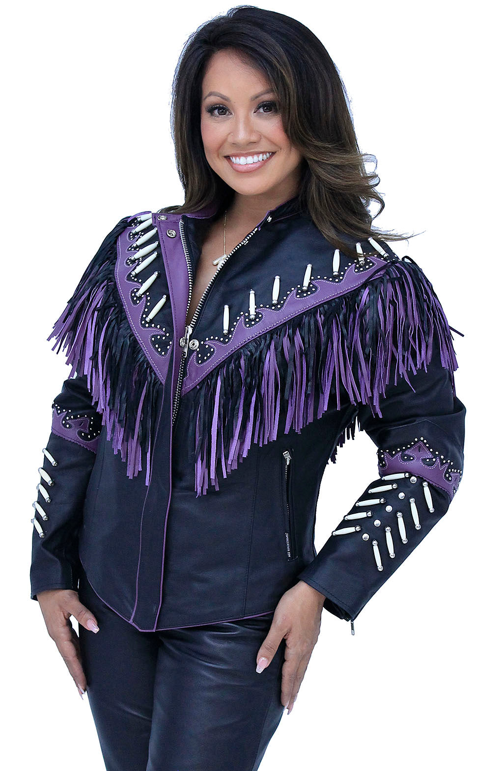Genuine Bone & Purple Fringe Leather Jacket #L1616FBPUR – Jamin
