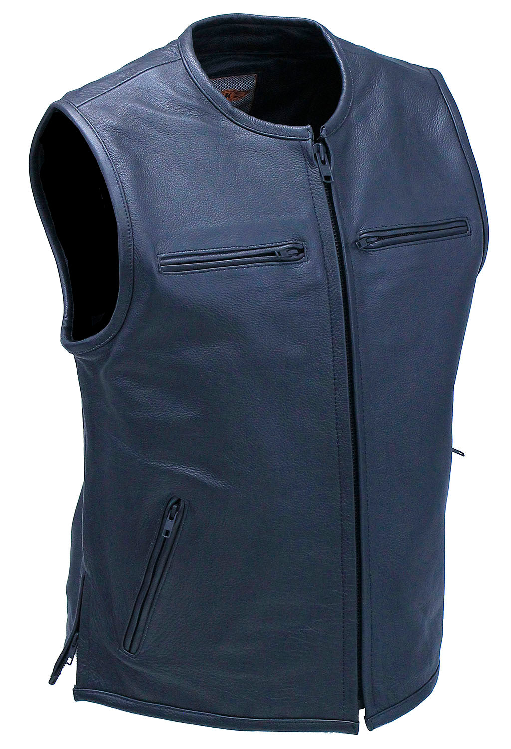 Men's Collarless Leather Zipper Club Vest with 4 Zip Pockets