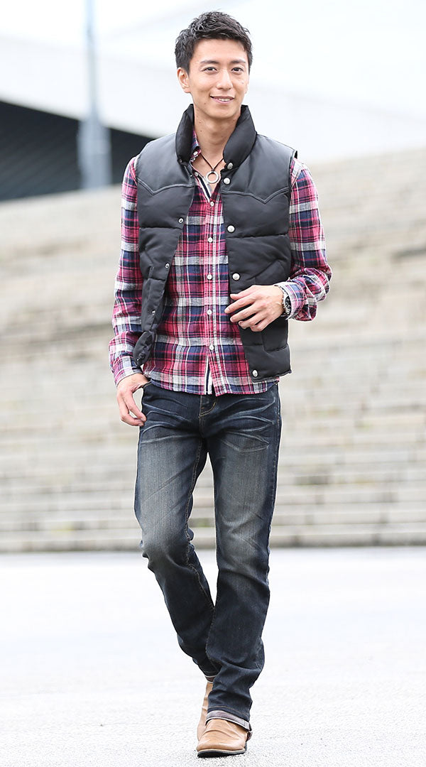 ダウンベスト チェックシャツ デニムパンツ snp_ys0921の