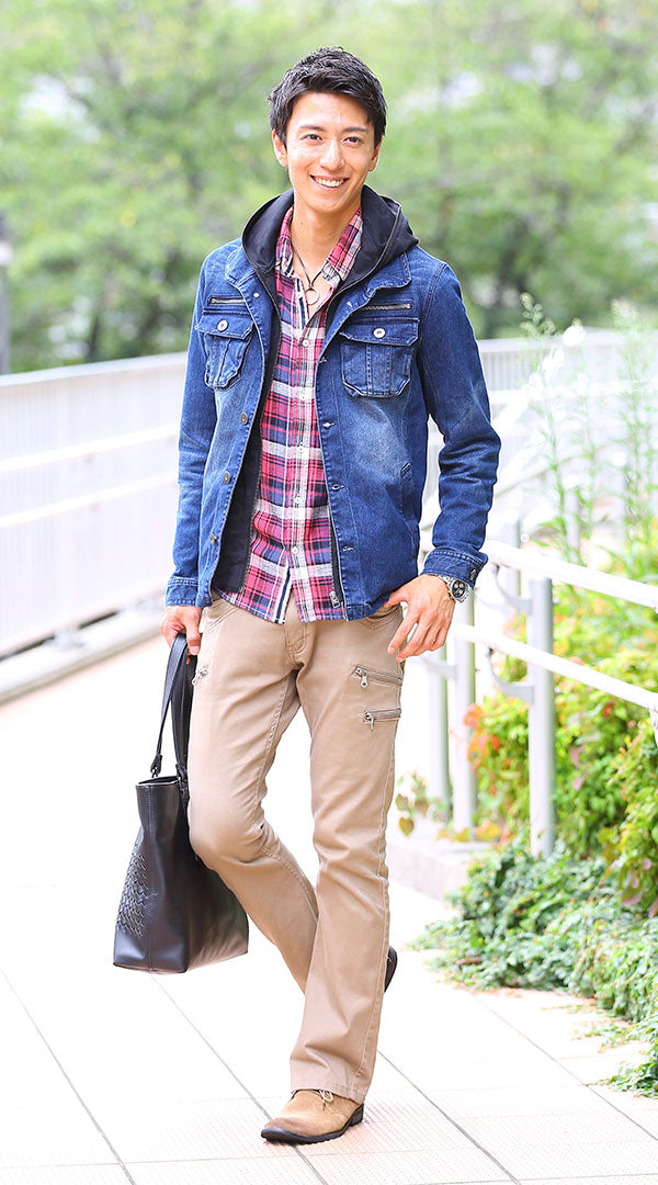 デニムジャケット チェックシャツ チノパン snp_fx0468の