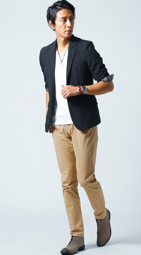 黒ジャケット 白Tシャツ ベージュパンツ snp_jw1360のコーディネート例