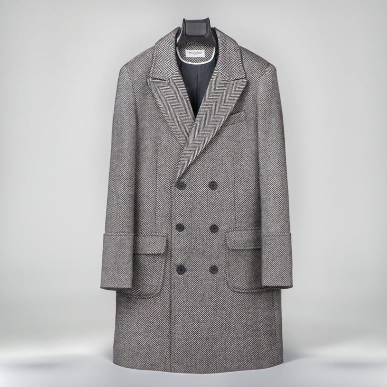 Men's Vintage Tweed Herringbone Double Breasted Long Overcoat