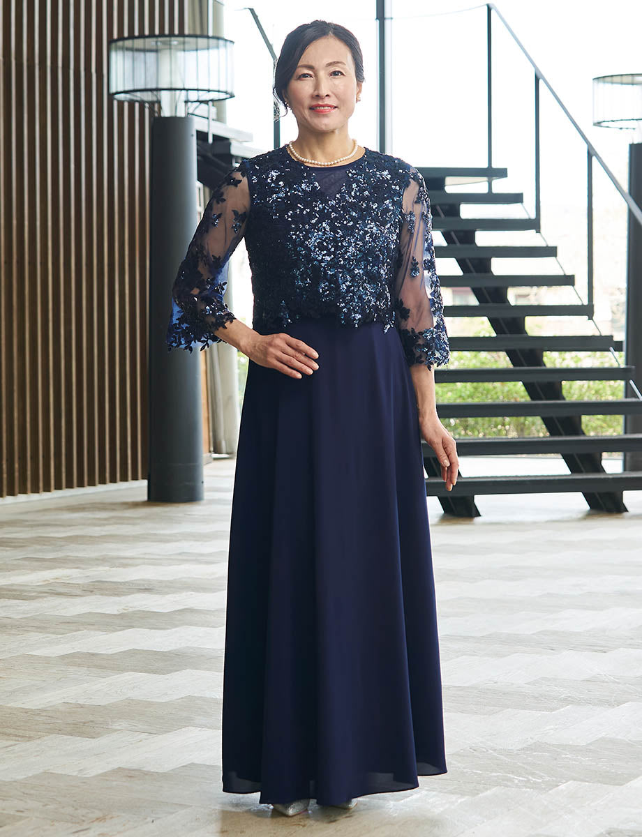 結婚式 母親ドレス ダークネイビースパンコールレース・マザーズドレス