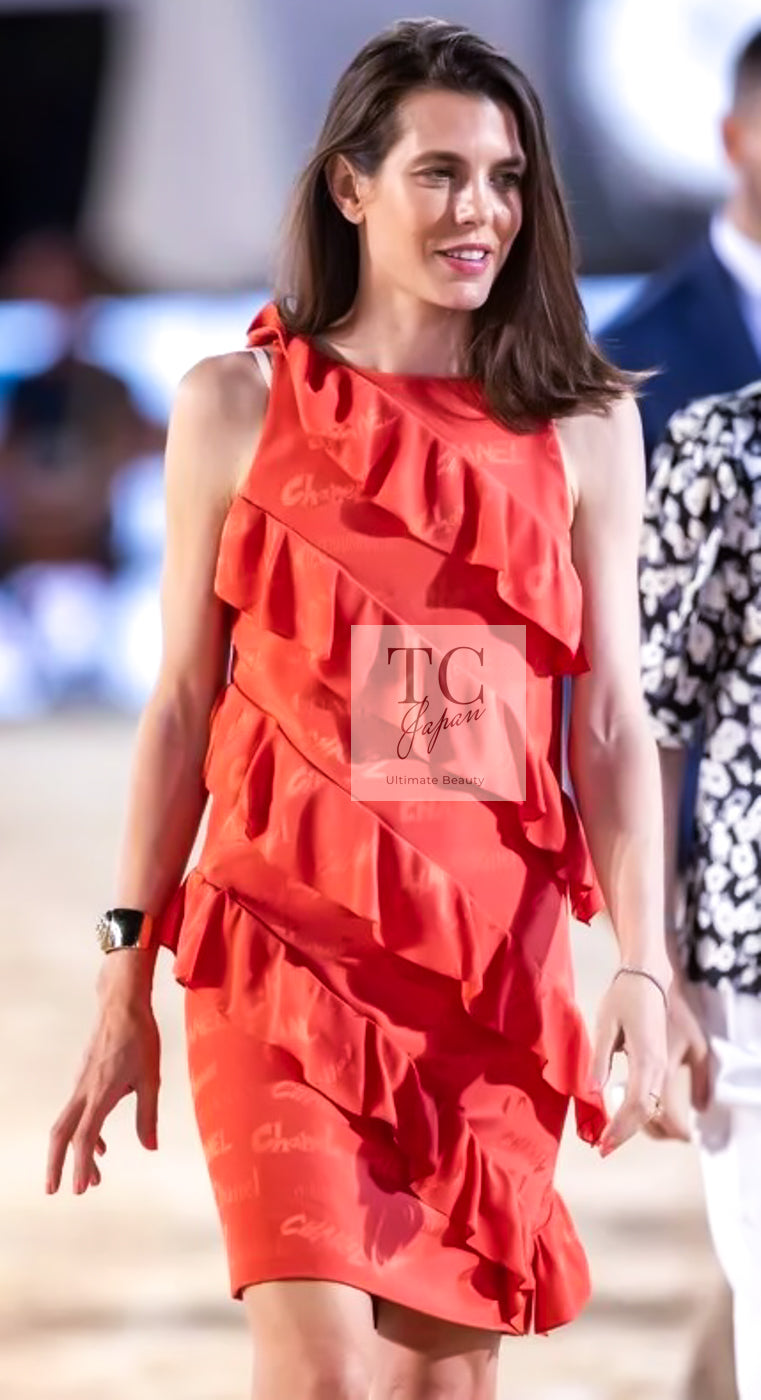 シャネル ワンピース CHANEL オレンジ シグネチャー ロゴ柄 シルク100