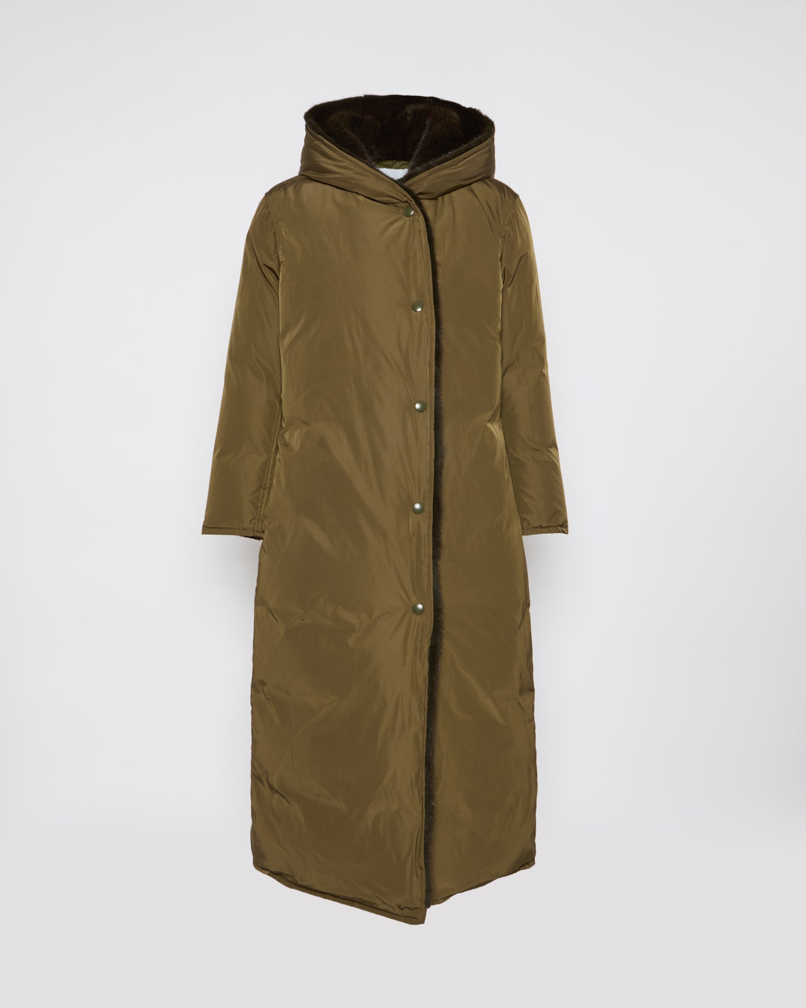 Long down jacket in technical fabric and mink fur - khaki - Yves