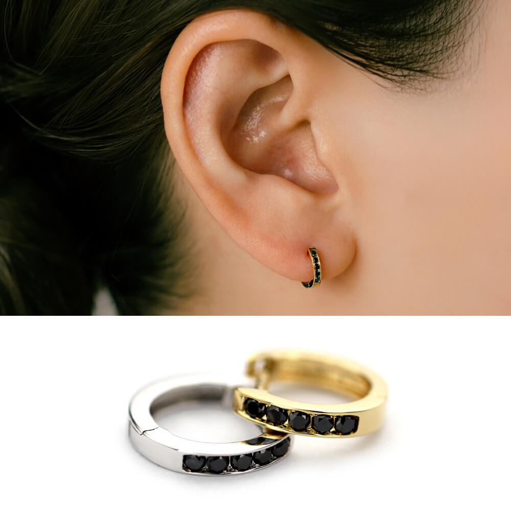 メンズ片耳ピアス│K18ブラックダイヤモンド│男性用フープピアス