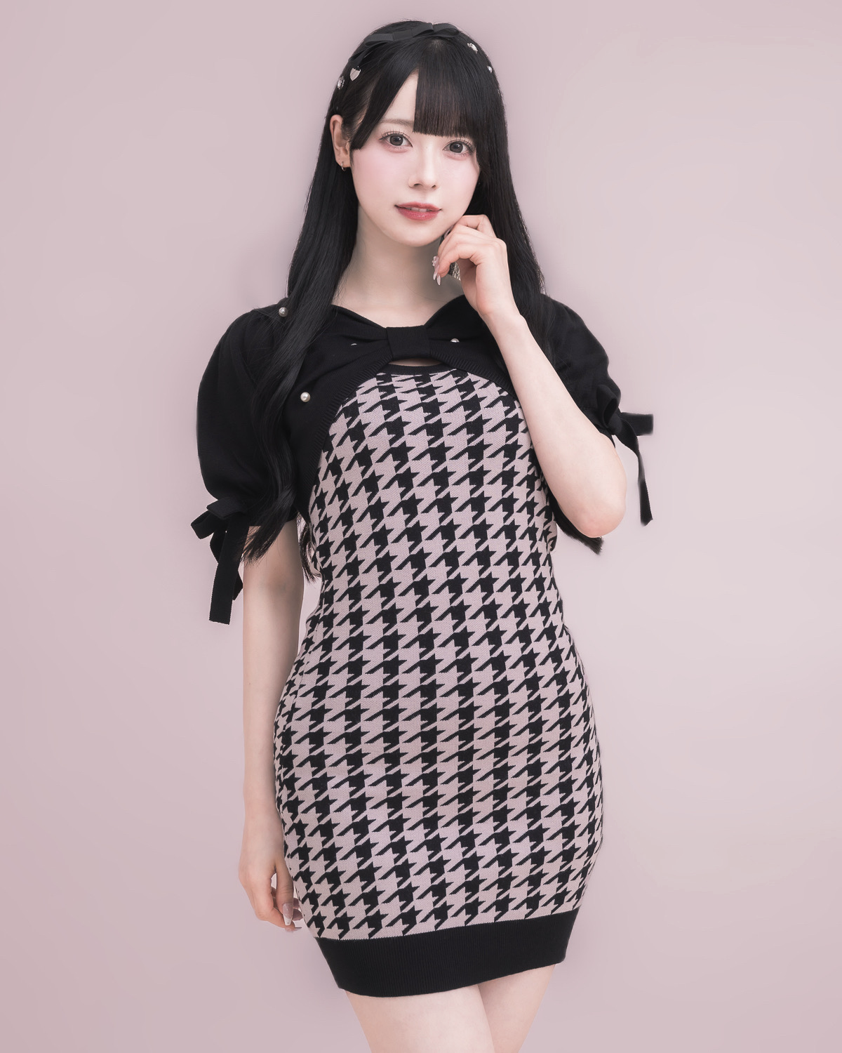 リボンニット×千鳥柄ニットワンピース – pium