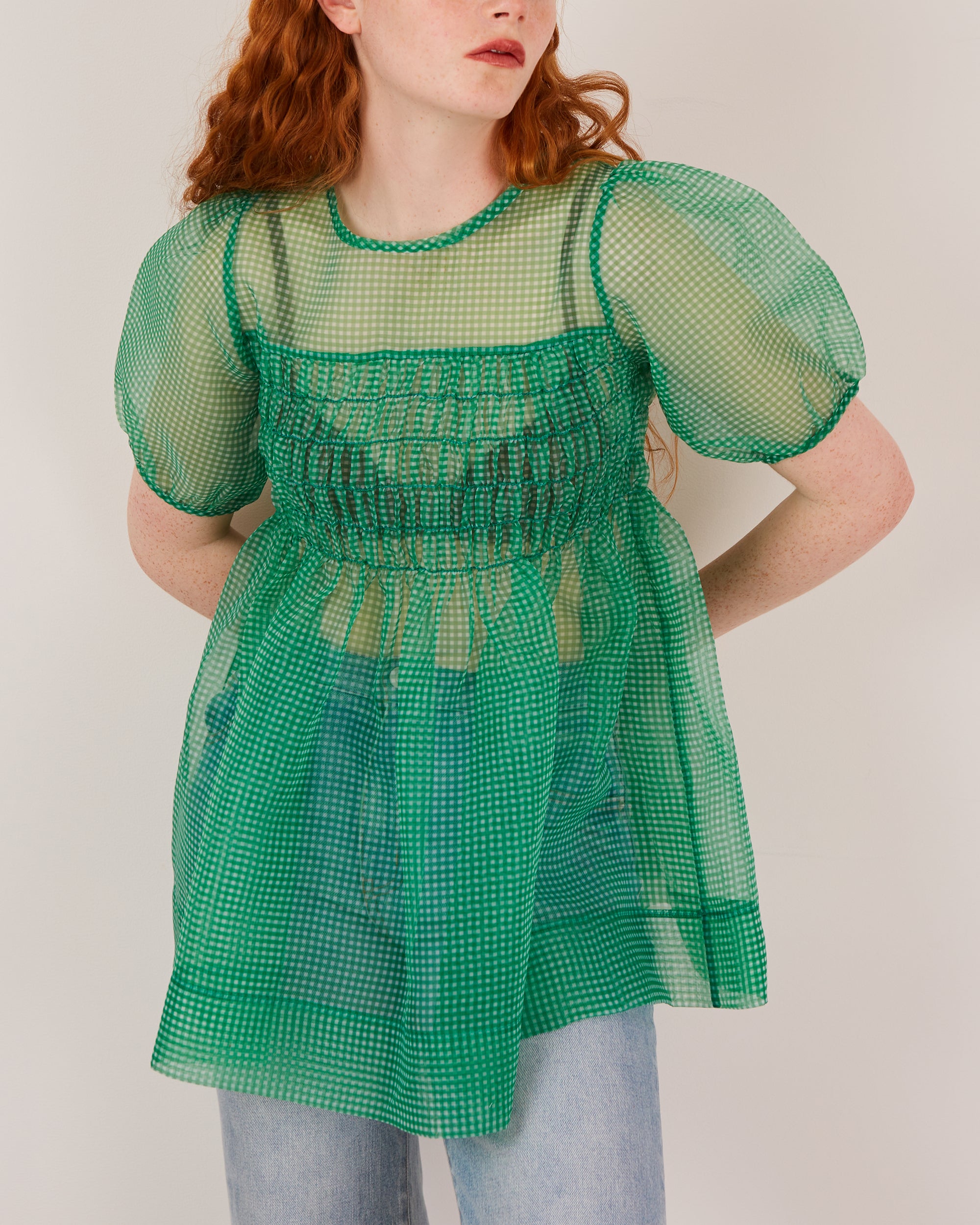 Gingham organza shirred tunic (green)