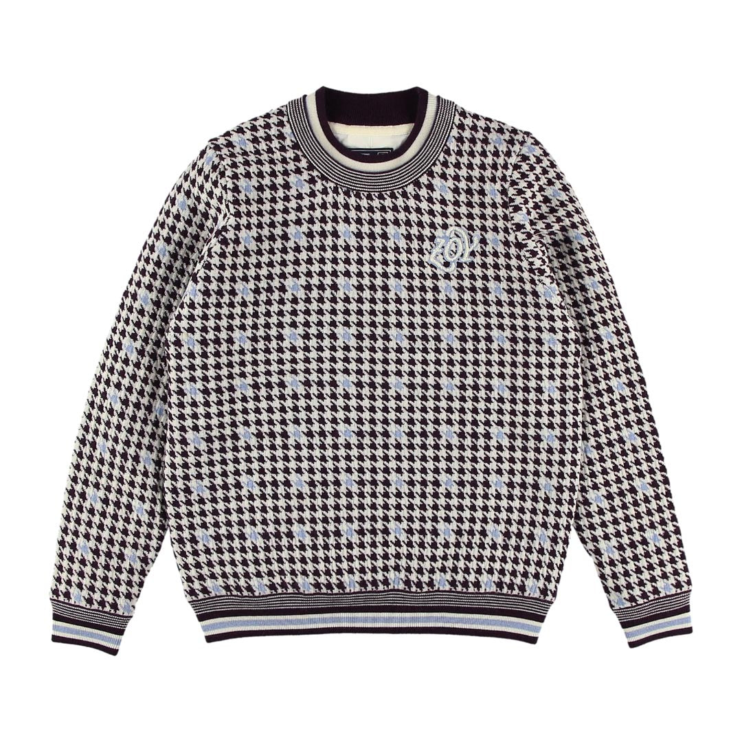 WOMEN CASHWOOL 千鳥ジャガード 長袖セーター(防風裏地付き) ボルドー