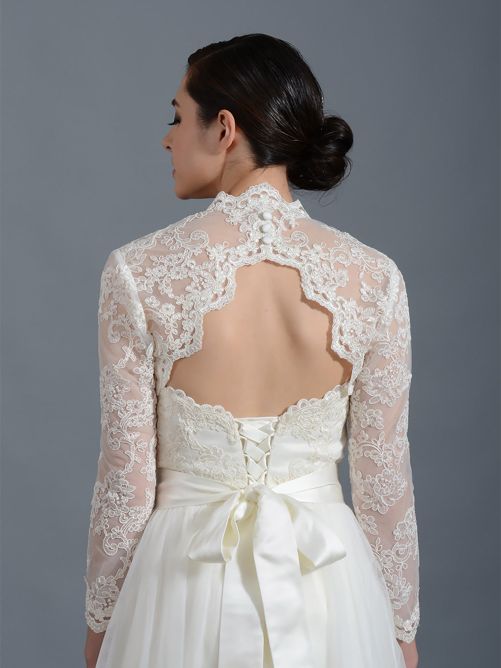 Ivory long sleeve lace bolero with keyhole back – Tulip Bridal
