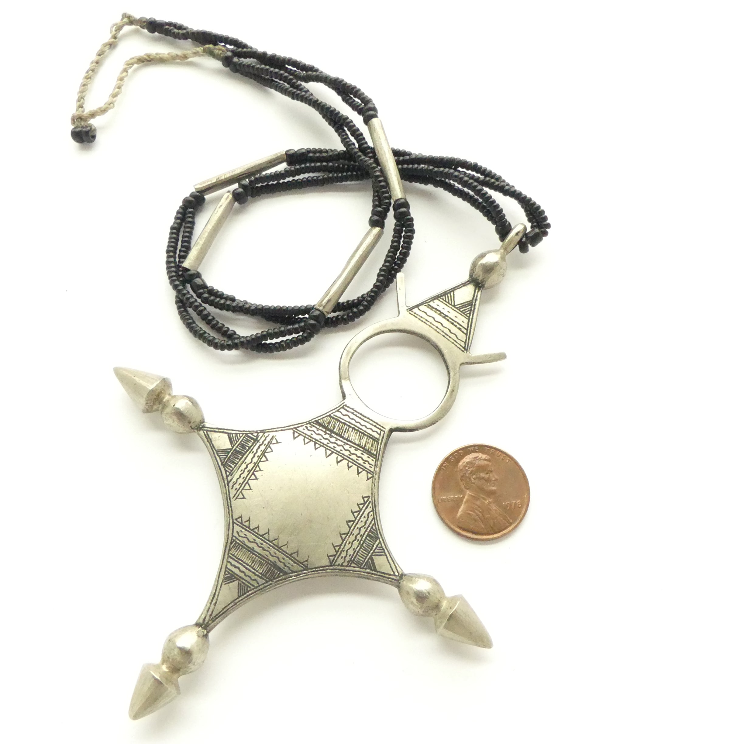 Moroccan Silver Tuareg Agadez Cross, Large 5 inches Long on Beaded