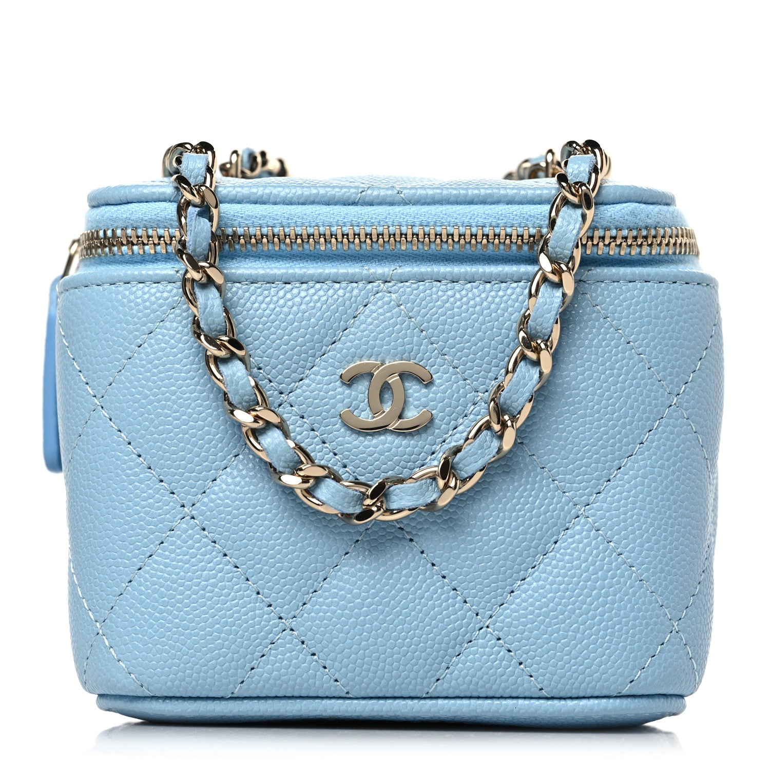 Chanel Caviar Quilted Mini Vanity Case With Chain Light Blue