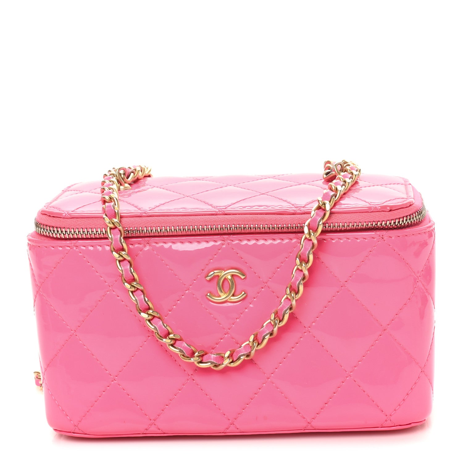 Chanel Patent Quilted Pearl Crush Small Vanity Case With Chain