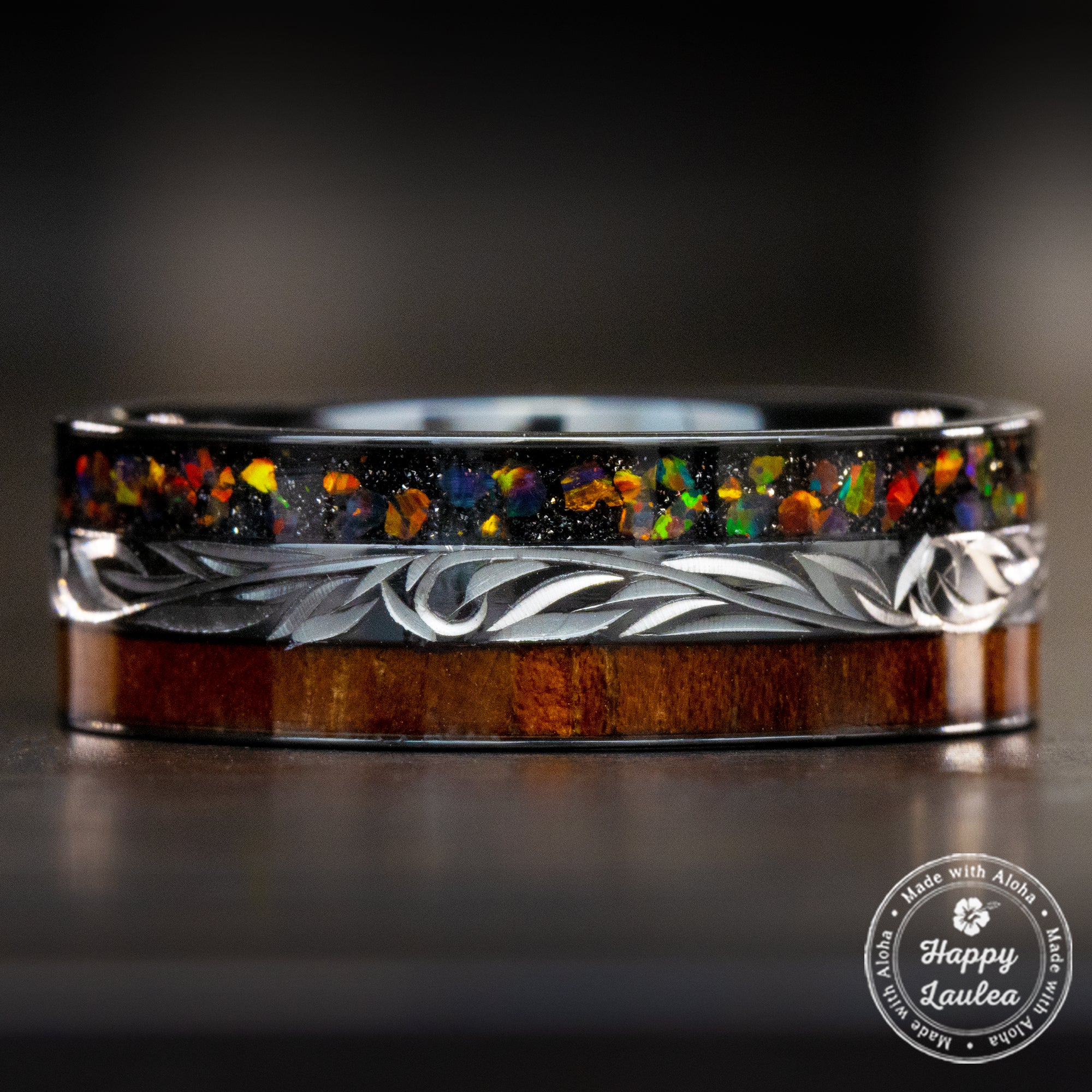 Black Zirconium Hand Engraved [8mm width] Fire Opal & Hawaiian Koa Woo