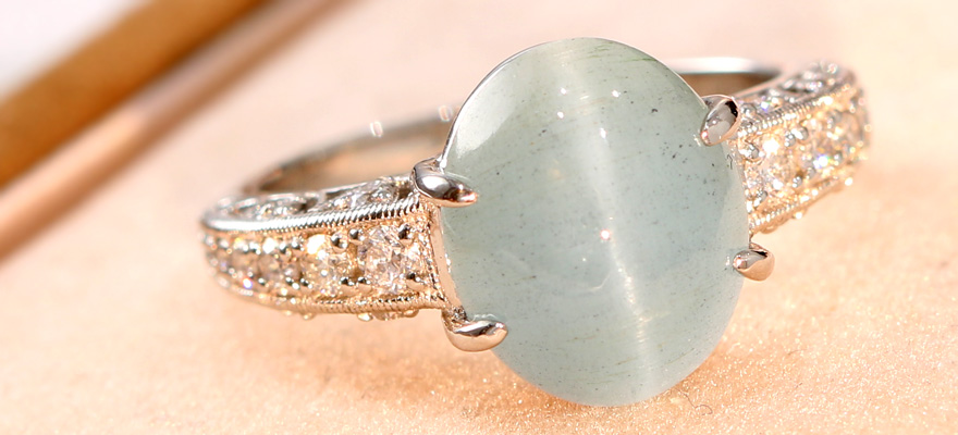 アクアマリンキャッツアイ4.8ct ダイヤモンド0.3ct プラチナ リング
