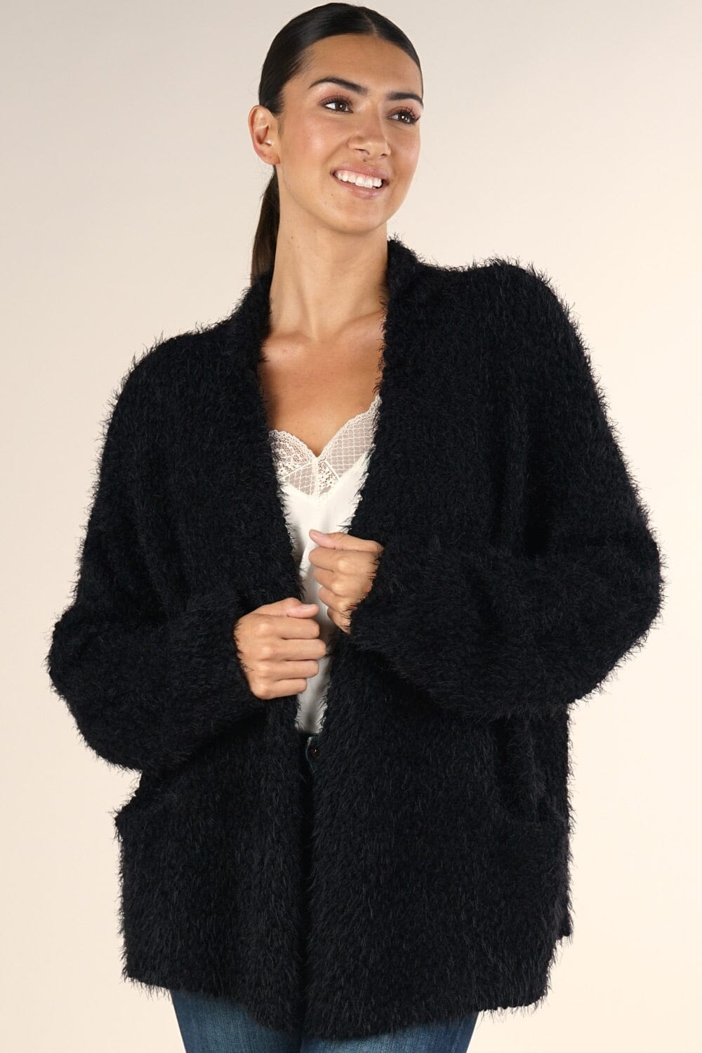 Women's Black Fuzzy Popcorn Texture Cardigan | LOVESTITCH