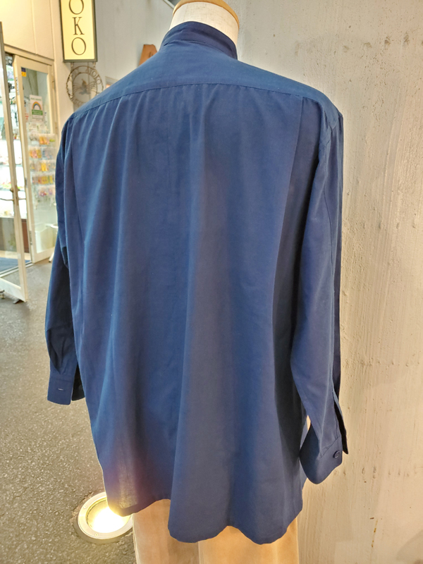 本藍染 スタンドカラー長袖シャツ（メンズ サイズ：L 綿100% 天然灰汁