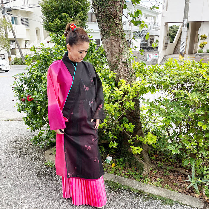 ハーフ衣裳/稽古着】087 琉球絣 ピンク×黒 | つは琉球店