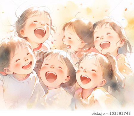 元気でかわいい笑顔の子どもたちの水彩画風イラストのイラスト素材