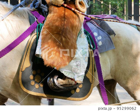 武田流騎射流鏑馬 鞍と鹿の夏毛 （熊本市水前寺公園）の写真素材