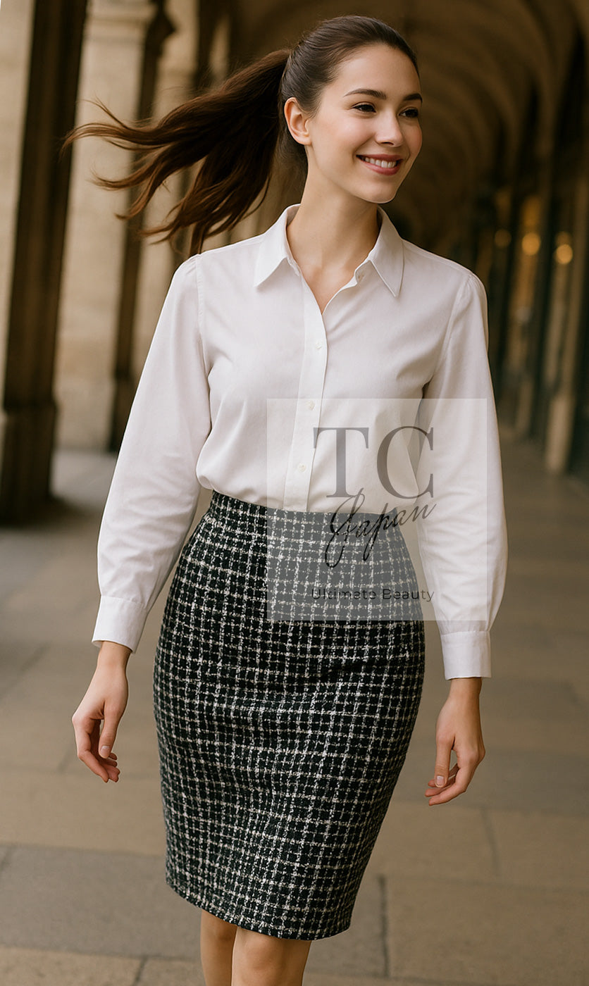 シャネル ブラック ホワイト ウール コットン ツイード スカート