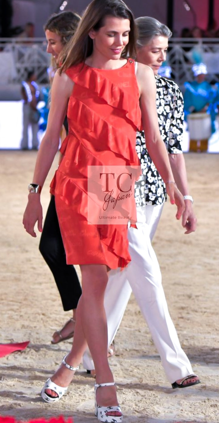 シャネル ワンピース CHANEL オレンジ シグネチャー ロゴ柄 シルク100