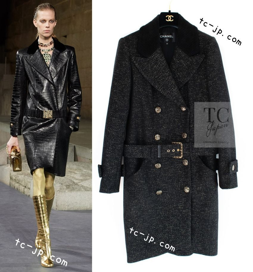 シャネル コート CHANEL ブラック ゴールド ベルト付き ウール 19PF
