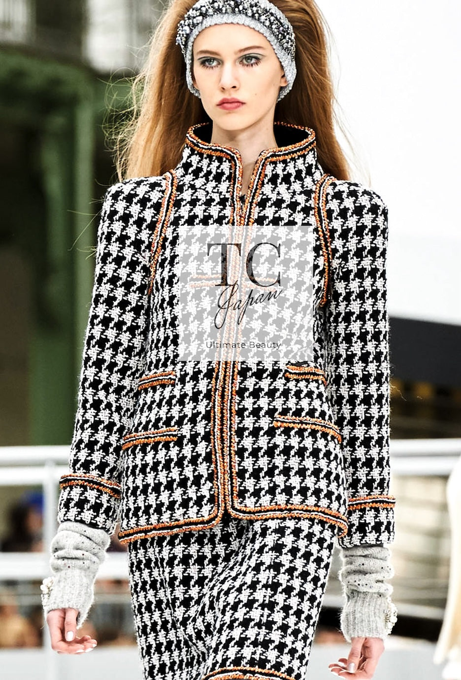 シャネル ジャケット CHANEL ブラック アイボリー 千鳥格子 ジッパー