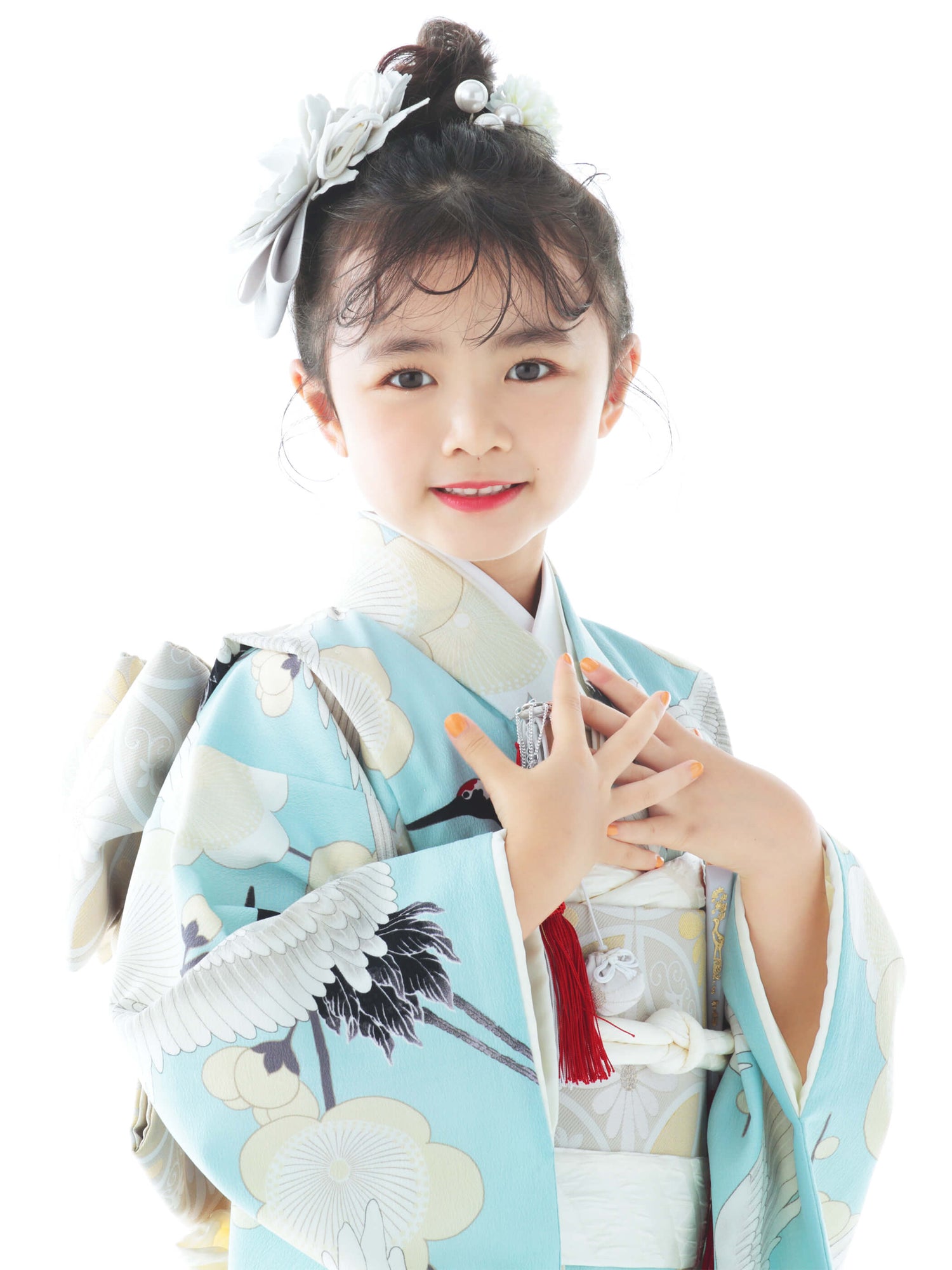 1748】七五三 3歳 女の子 子供 アンティーク 鶴 水色 着物 七五三