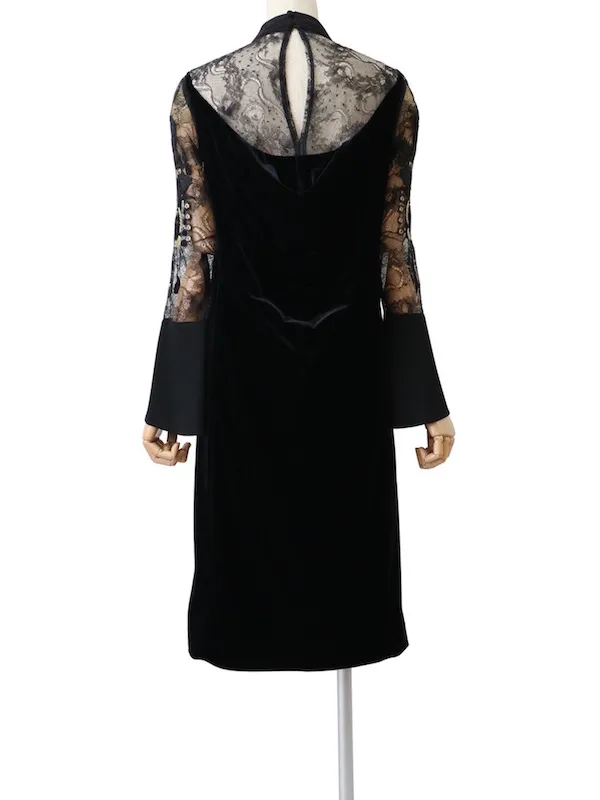 mame kurogouchi】ベロアスタンドカラーレーススリーブドレス1