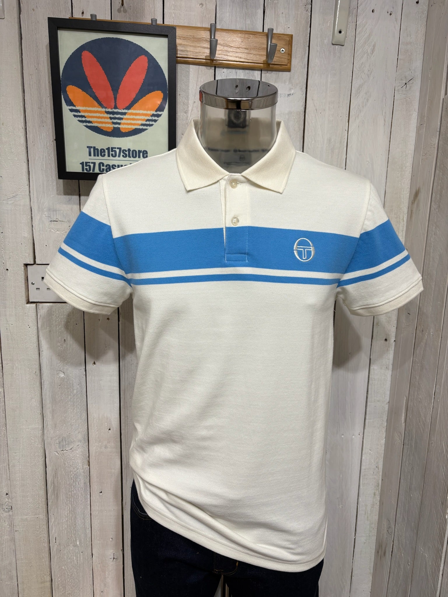 Sergio Tacchini ポロシャツ L 青系ストライプ Sergio Tacchini