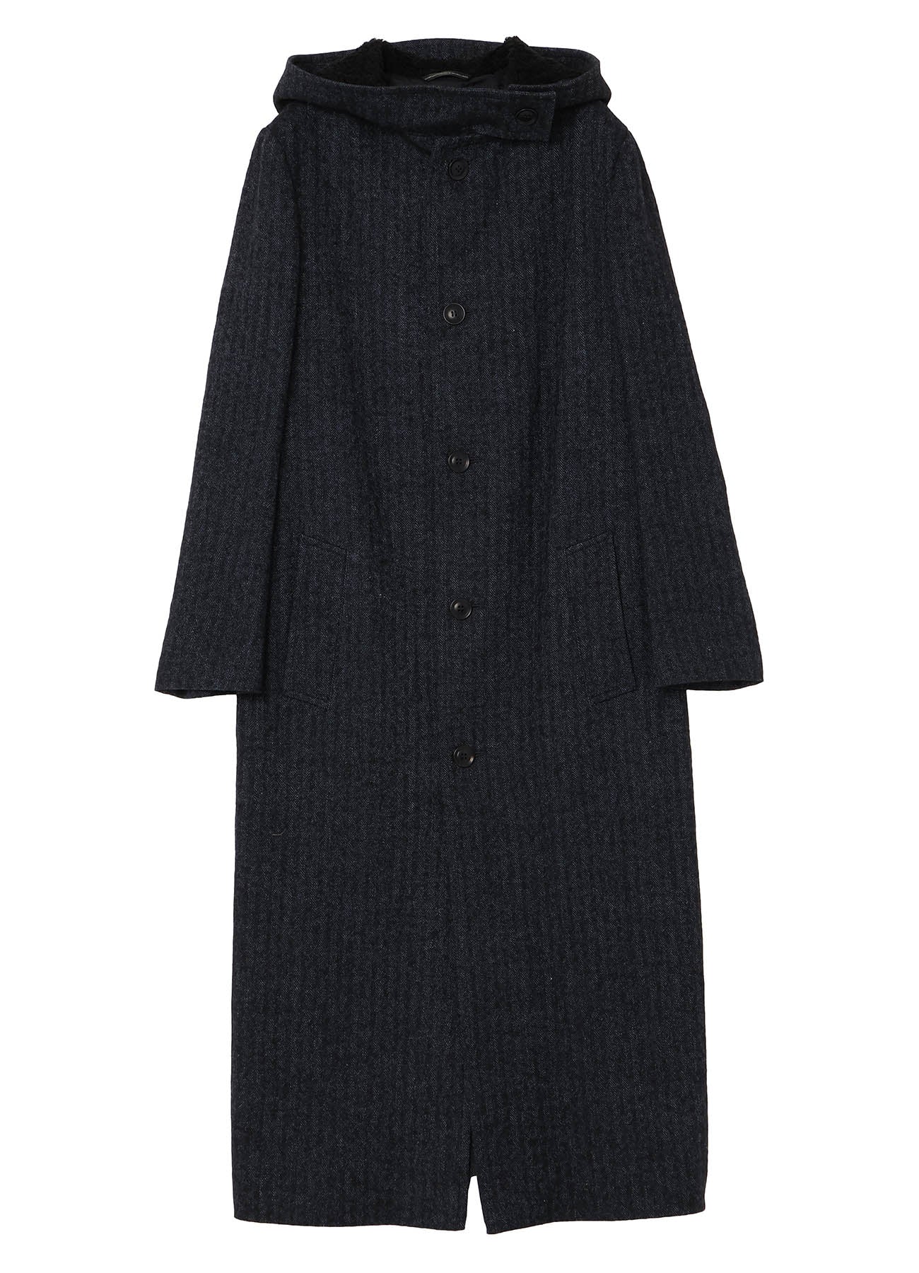 LINEN/WOOL RAISED HERRINGBONE LONG COAT WITH HOODIE – THE SHOP