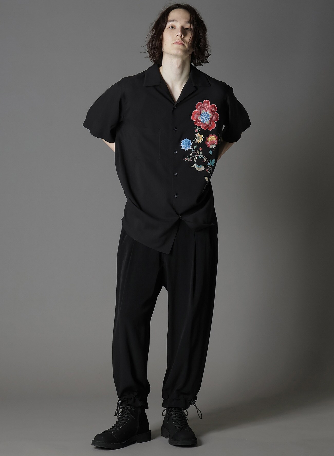 CELLULOSE LAWN CHINESE FLOWER ALOHA SHIRT(FREE SIZE BLACK