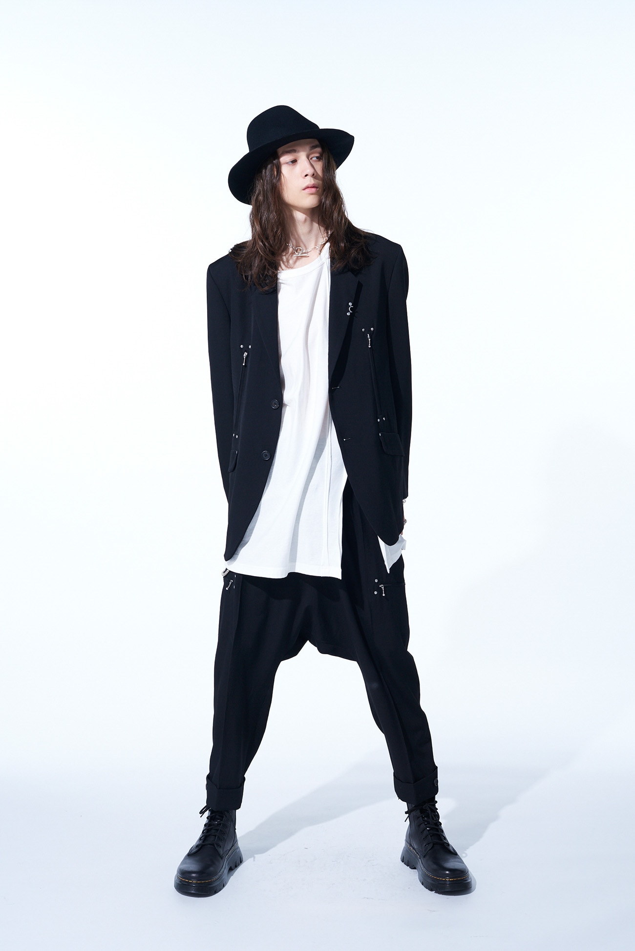 WASHER FINISHED WOOL GABARDINE STUDS SLIM SAROUEL PANTS(M Black