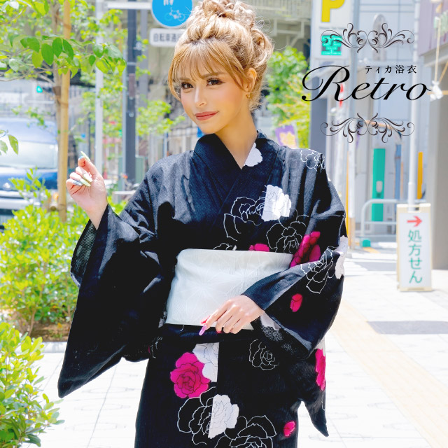 浴衣 選べる帯] レトロ ブラック片身変わりローズ 3点セット (ゆかた