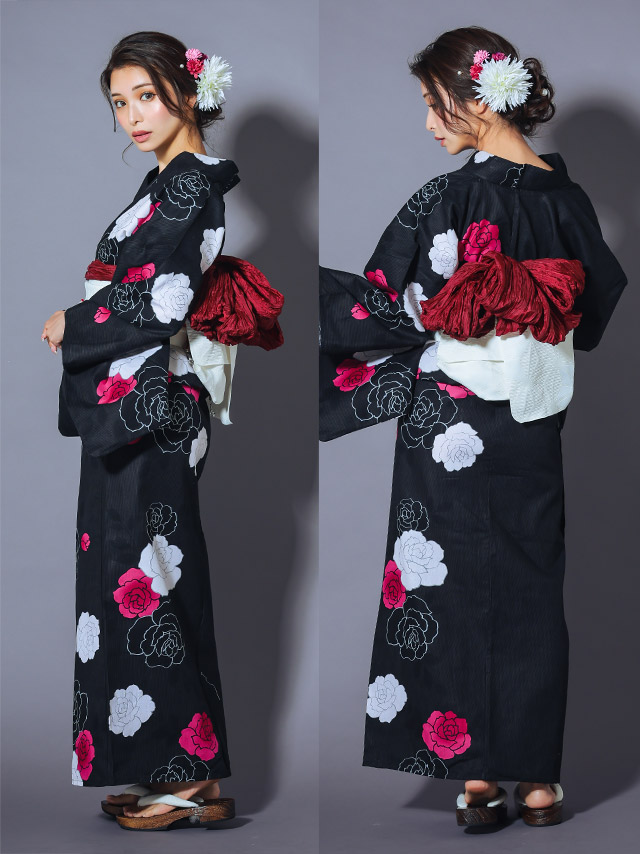 浴衣 選べる帯] レトロ ブラック片身変わりローズ 3点セット (ゆかた