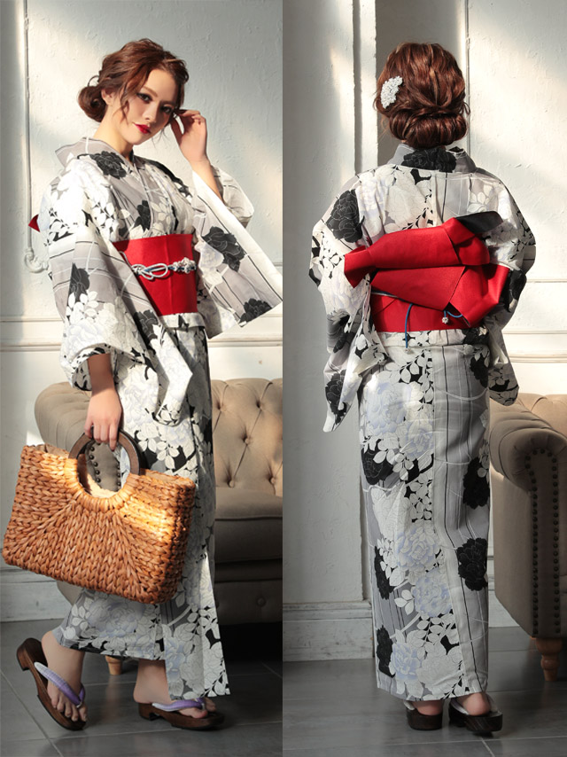 浴衣 選べる帯] レトロ グレー 薔薇 モノクロ 3点セット (ゆかた・平帯