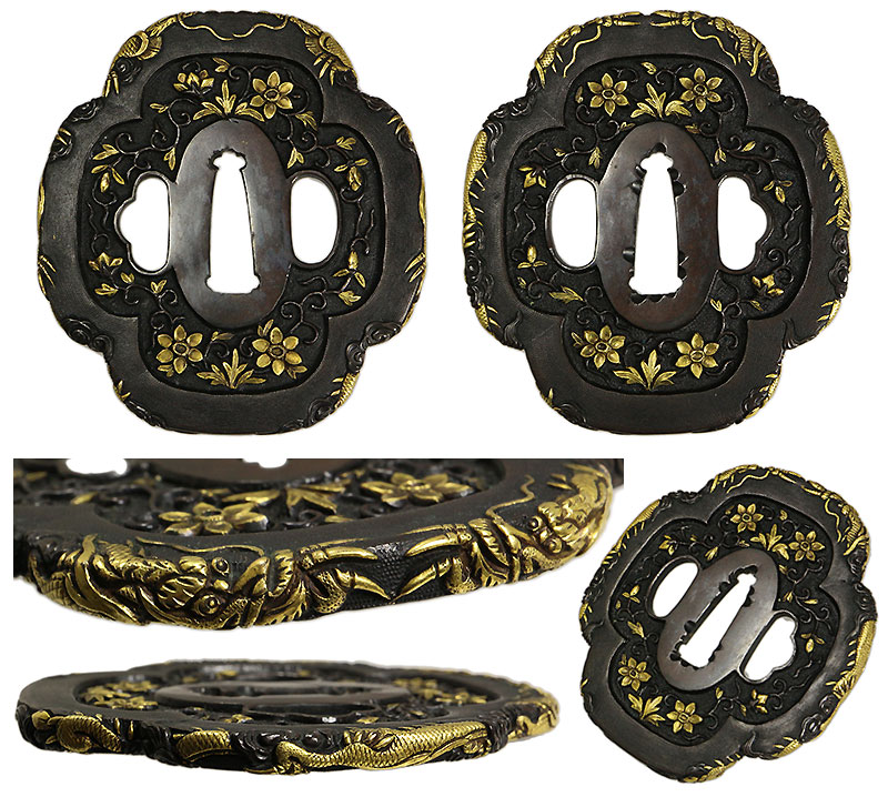 黒色 鉄製 花装飾 鍔 黒色 鉄製 花装飾 鍔