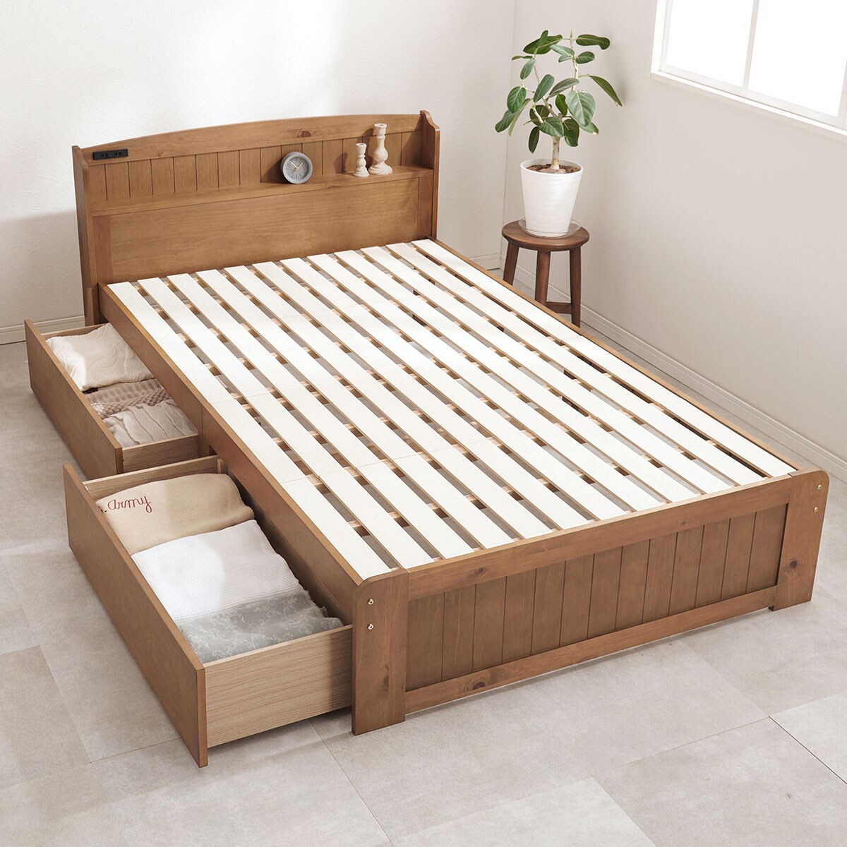 楽天市場】宮付き天然木すのこベッド （引出し付きタイプ） ニトリ